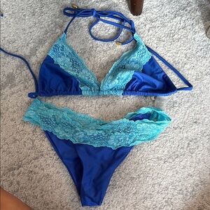 Blue Lace Trim Bikini Set
